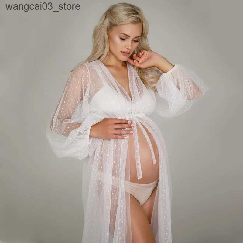 Maternity Dresses White Dot Tulle Maternity Photography Props Dress See Through Maternity Photo Shoot Tulle Long Dress Lantern Sleeve L240910