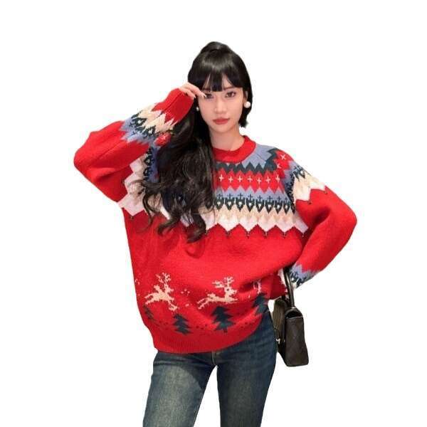 Atmosphere, Christmas gold wire jacquard red sweater, women's autumn, winter, New Year, deer loose and lazy style knitted top