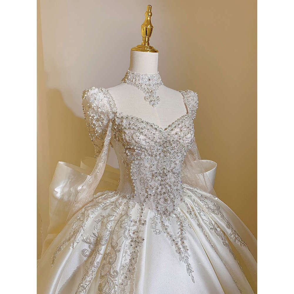 New Sweet Square Collar Satin Wedding Dress Plus Size Custom Lace Up Bridal Ball Gown Vestido De Noiva or Or Train