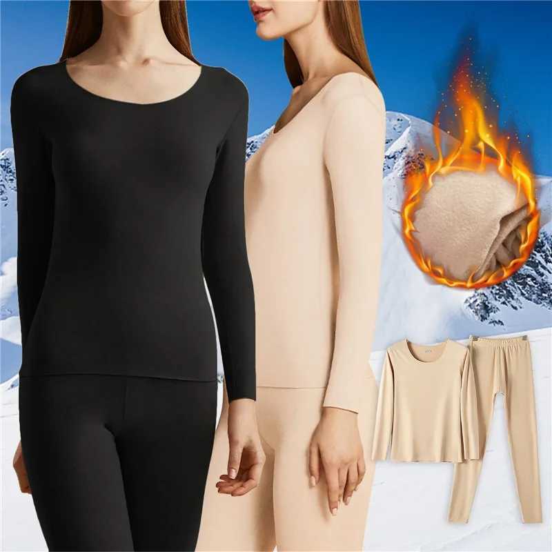 Womens Thermal Underwear Womens trackless hot underwear set neutral close fitting pajamas ultrathin winter temperature controlled long sleeved und Y24