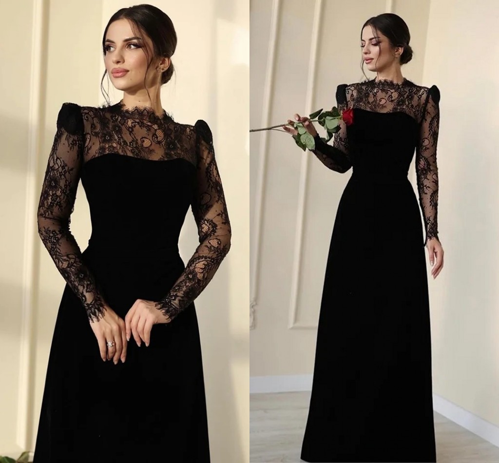 Black Sexy Lace Evening Dress High Neck Long Sleeve Satin A E Prom Formal Gowns Custom Made Robe Soiree Vestidos De Noche