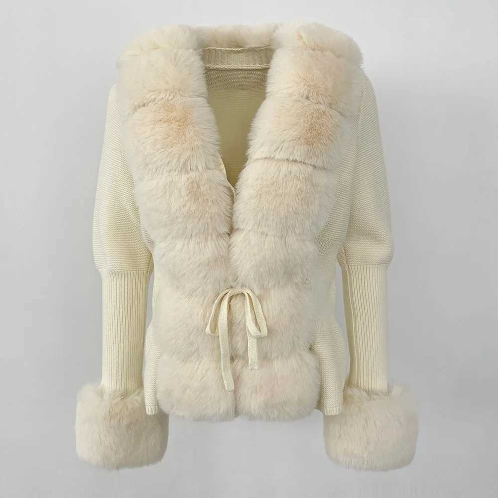 Artificial fur coat luxury patch work knit sweater bandage fur cardigan detachable collar jacket autumn and winter womens artificial fur coat Y241011