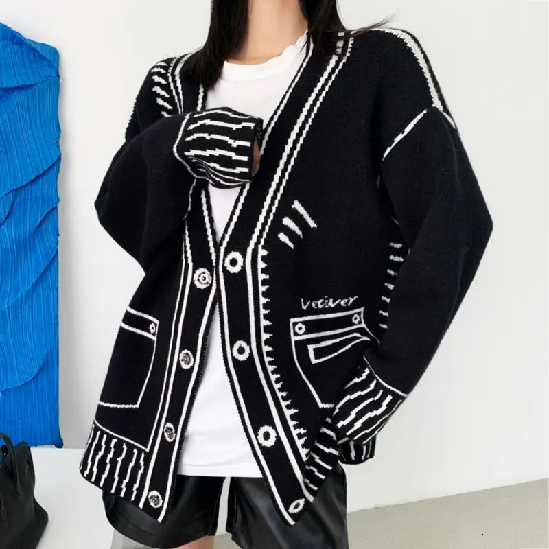 Karrram Print Graffiti Unique Cardigan Women Loose Vneck Long Sleeve Knitted Female Cardigans Coat Y2k Winter 241007