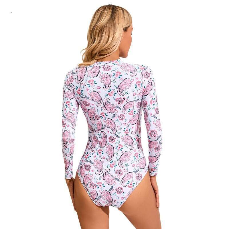 2024 Pure One Piece Long Sleeved Printed Zipper Conservative Swimsuit Women's Surfing Suit
