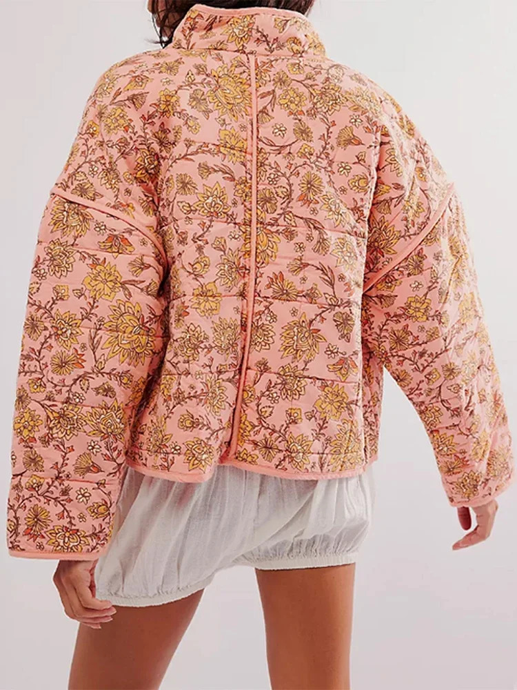 Fashionable floral print womens jacket casual stand collar long sleeved loose womens jacket winter womens jacket 240927