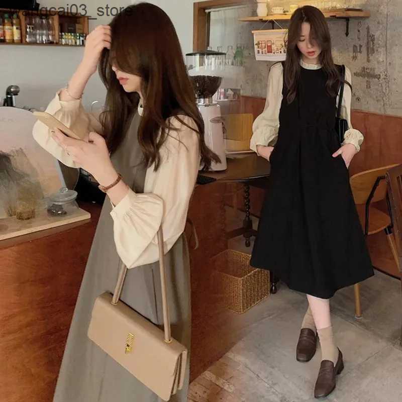 Maternity Dresses Maternity Stitching Fake Two-piece Clothes French Temperament Pregnancy Palace Sleeve Long-sleeved Dress 2024 Spring Autumn New L240