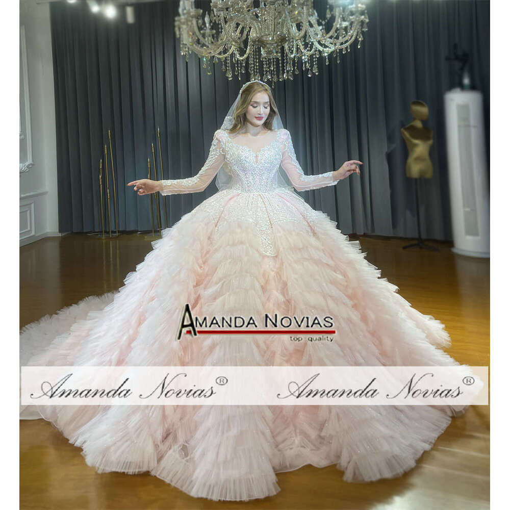 Baby pink Lace Applique Ruffle Wedding Dress Ball Gown Wedding Dresses