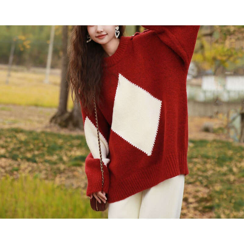 Lazy style Christmas red loose pullover for women, 2024 autumn and winter new style, stylish outerwear sweater top, BR