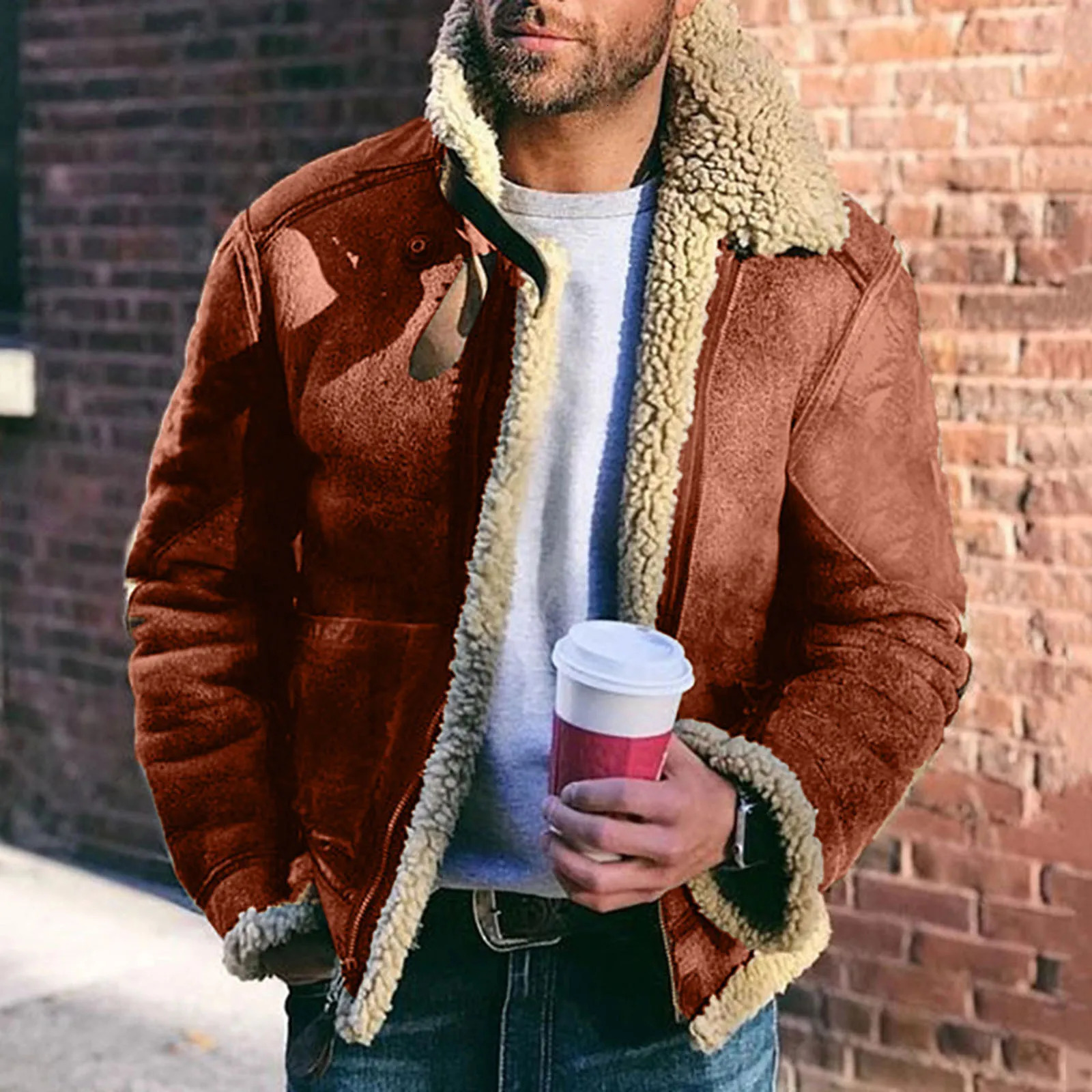 Mens Retro Handsome Zipper Jacket Leather Velvet Fur Integrated Long Sleeve Artificial Fur Thick Warm Jacket 240930