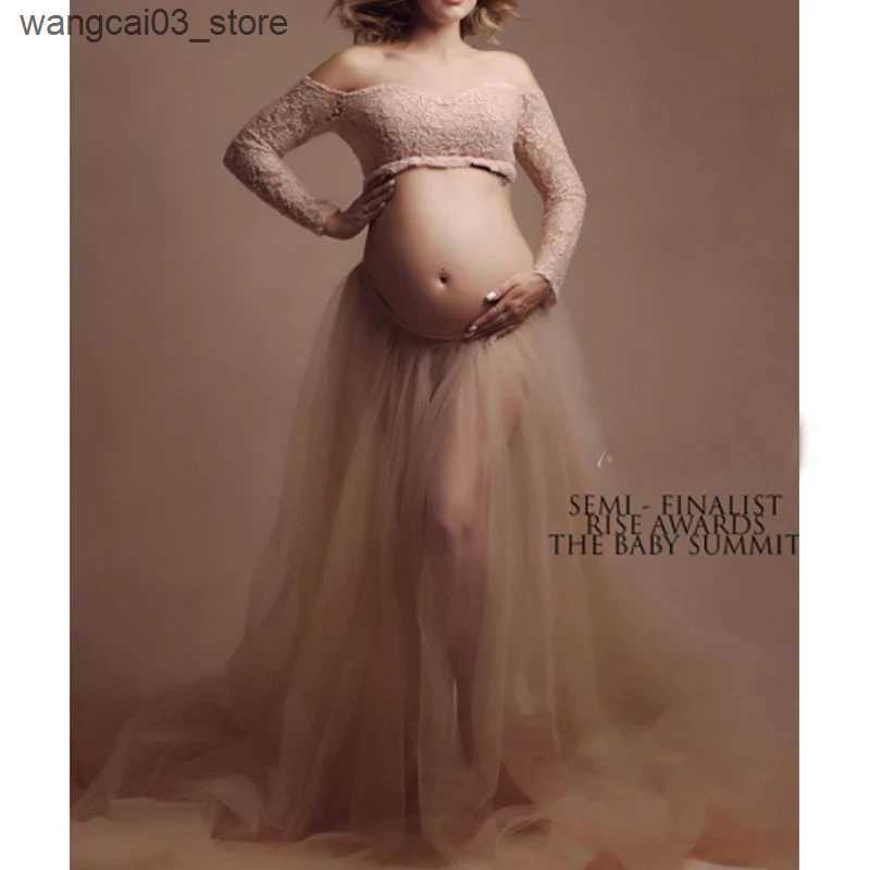 Maternity Dresses Maternity Dresses Set Long Sleeve Lace Crop Top+Tulle Skirt Maternity Maxi Gowns Dresses for Photo Shoot Pregnancy Photography L2409