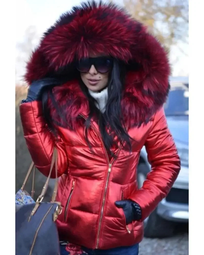 2023 Hood Solid Color Fur Hooded Jacket Autumn Winter Womens CottonPadded Down Short Parka Coat Fashion Casual 241009