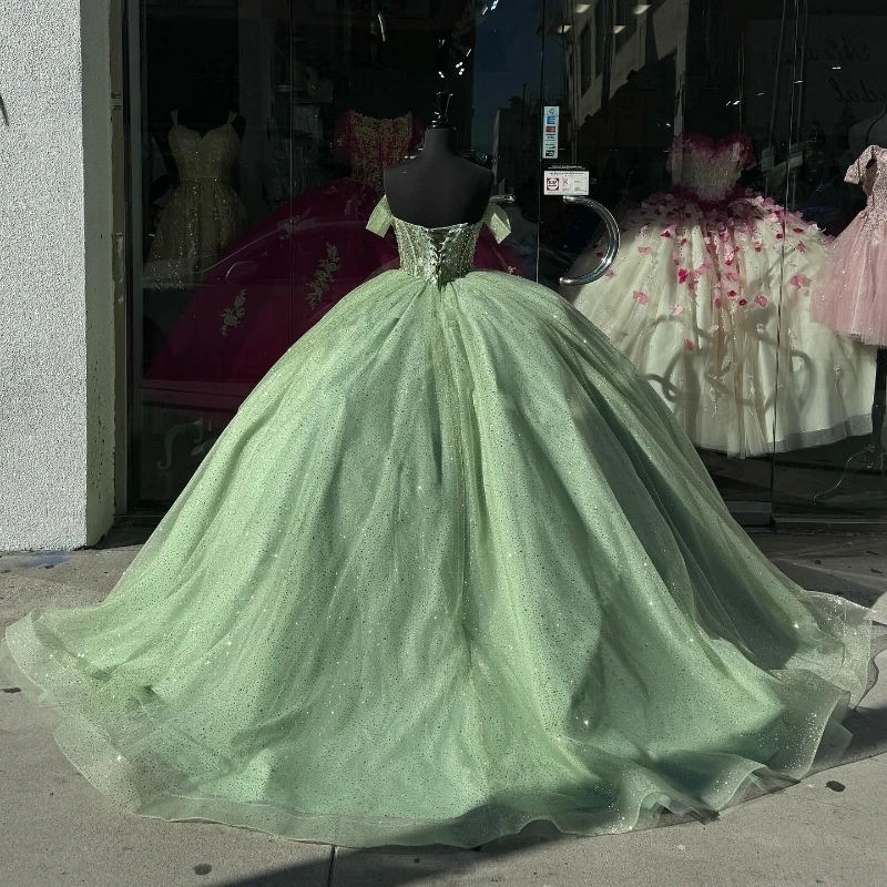 Sage Green Shiny Sweetheart Quinceanera Dresses Off The Shoulder Puffy Party Dress Crystal Beading Ball Gown Vestido De XV 15 Anos Sweet 16 Dress