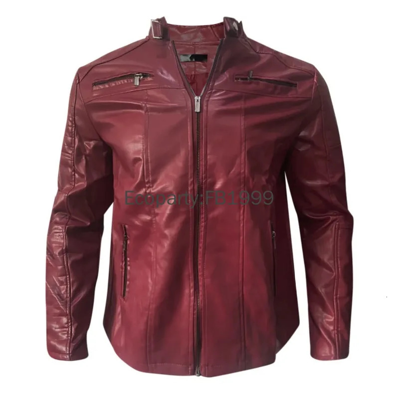 Mens Fashion Pu Leather Jacket Red Black Slim Oneck Zipper Spring Autumn Casual Windproof Coat Male Clothing 241008