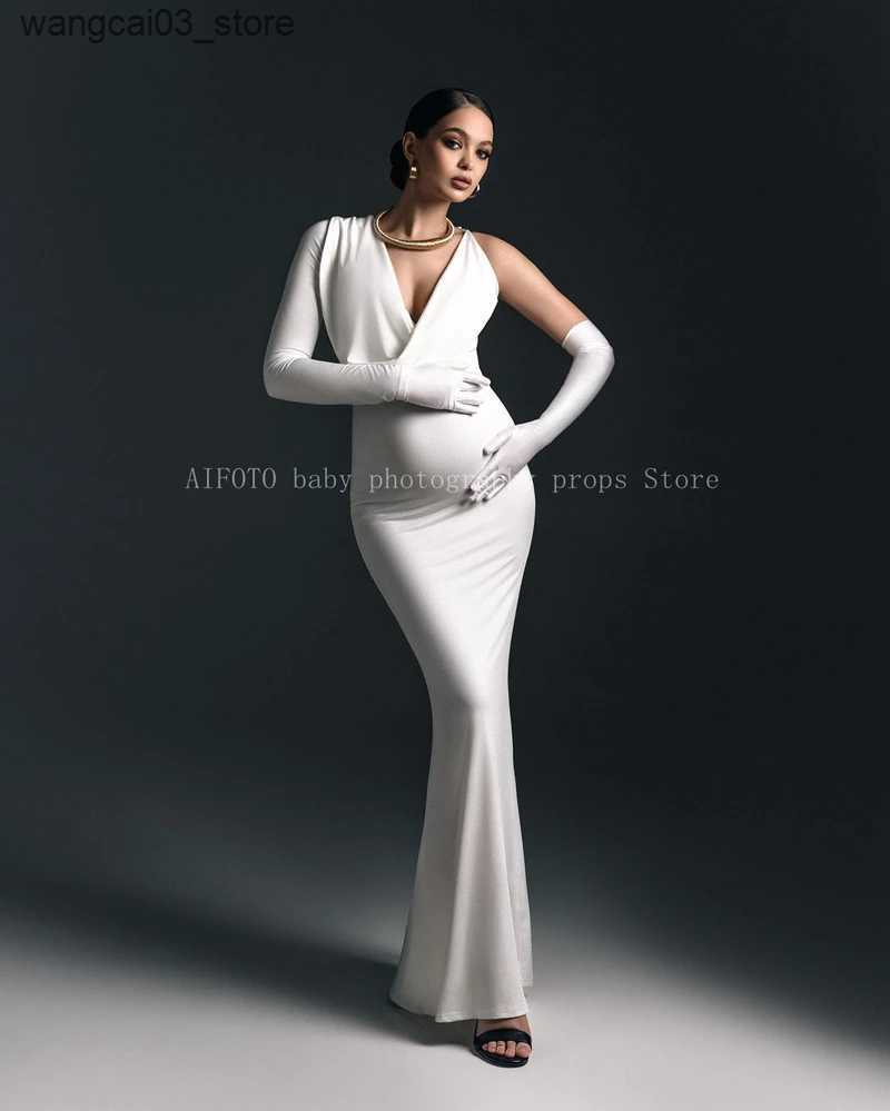 Maternity Dresses Maternity Dresses Petite Chic Milk Silk One-shoulder Bodycon Dress with Elegant Long Gloves - Photography Maternity Dress L240910