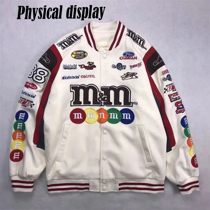 Bomber Jacket Women Hip Hop Letter M Embroidery Motorcycle Loose Casual Coat Unisex Street Racing Varsity Baseball Outwear 241011