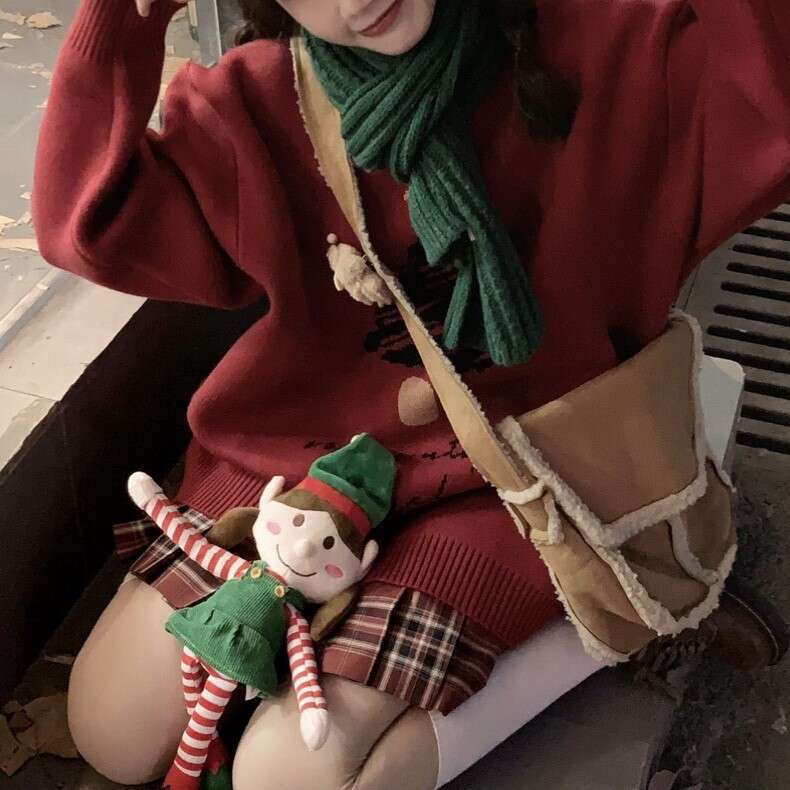 Christmas female atmosphere, autumn and winter lucky tree embroidery, long sleeved round neck knit sweater, loose fit