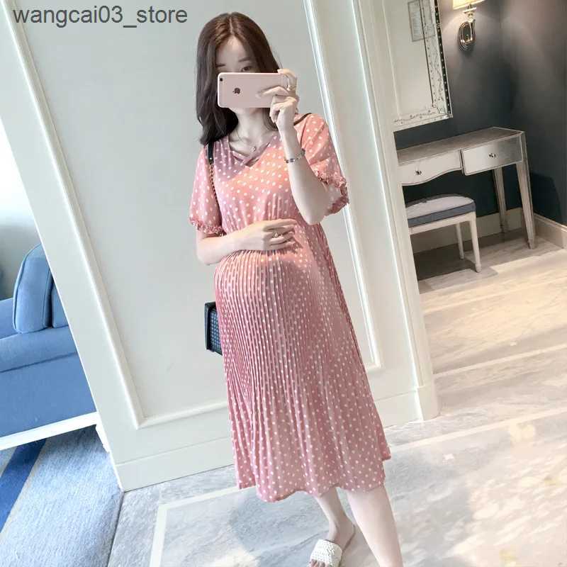 Maternity Dresses Pregnant Women Summer Dress Petal Collar Sweet Bubble Sleeve Temperament High Waist Maternity Gown Peter Pan Casual L240910