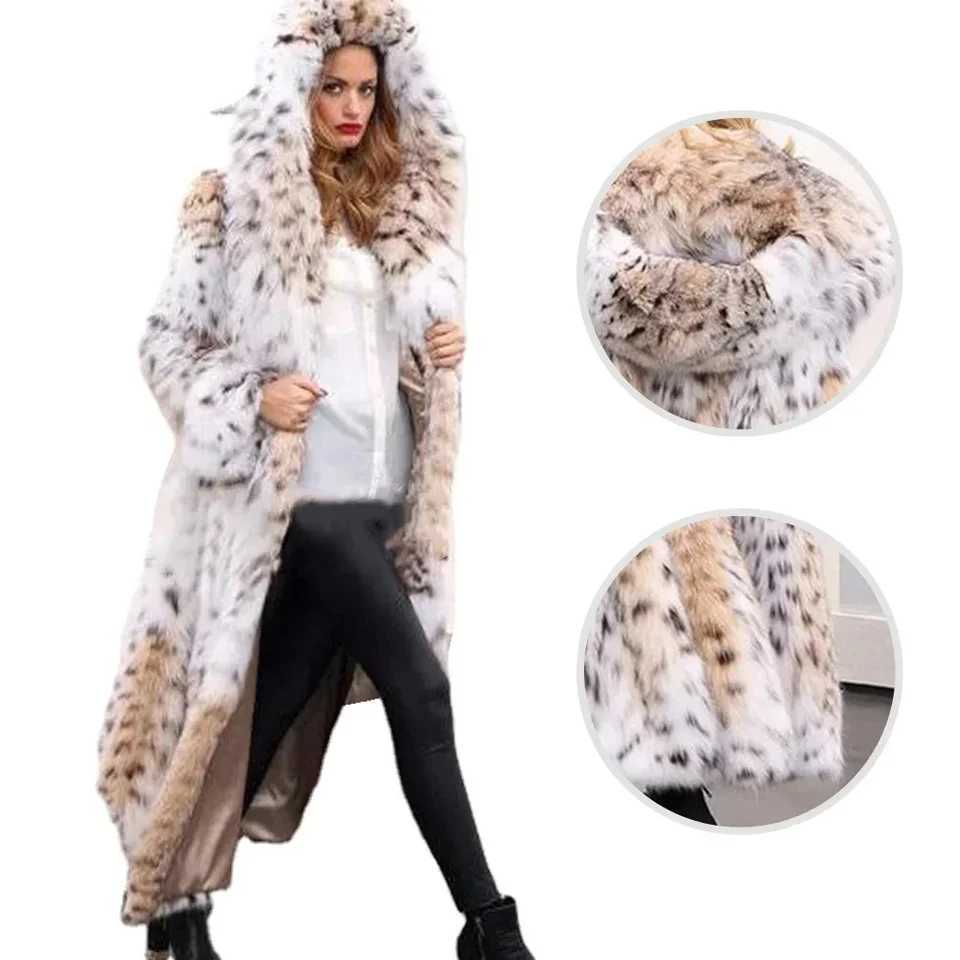 Womens winter warm thick new mink coat medium long leopard print long synthetic fox mink coat hooded loose fitting womens coat W241010