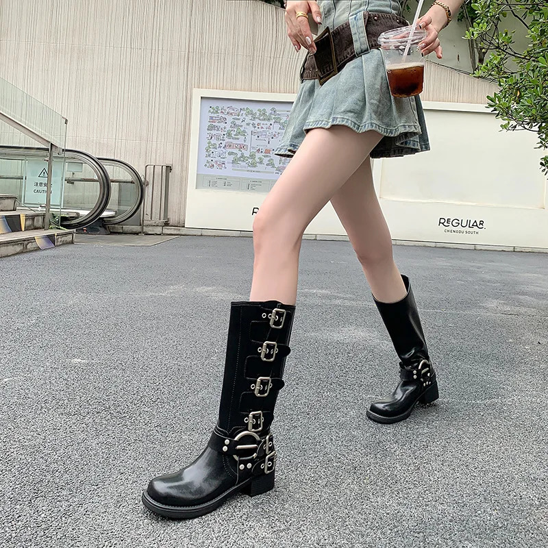 Platform combat boots Zip Chuny Heel buckle retro fashion casual western small leg boots for women 241007