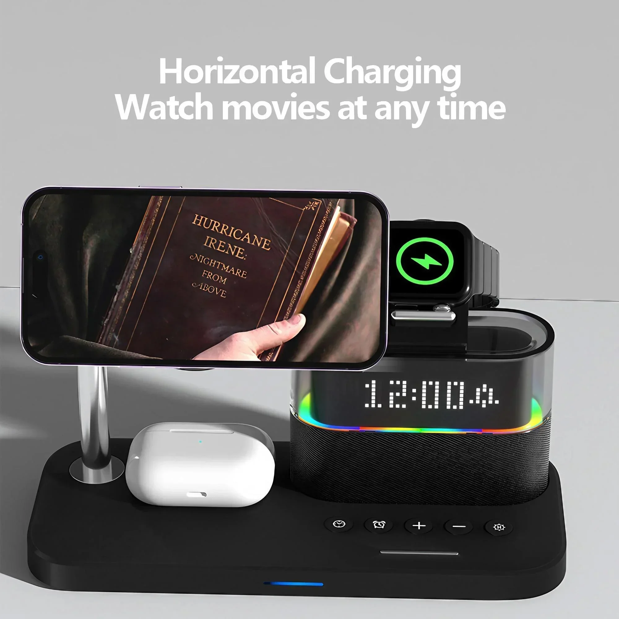 STOENGO 15W 5 in 1 Magnetic Wireless Charger Clock Wireless Charger for IPhone IWatch Ultra AirPods Samsung Fast Charging