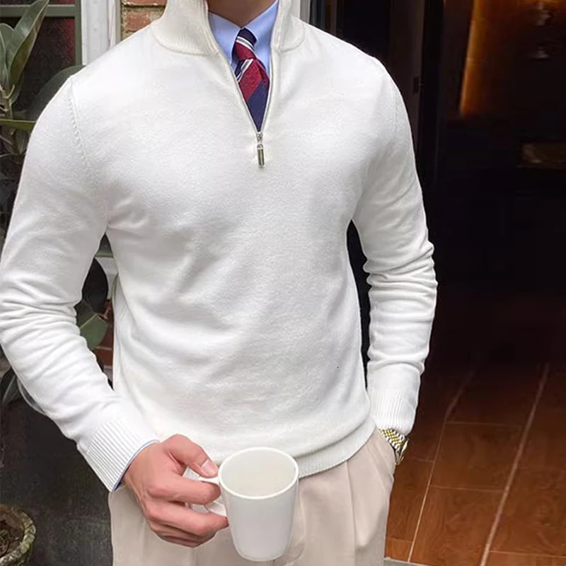 Classic mens knitted jumper top solid color long sleeved zipper collar sweater autumn fashion knitted floral mens sweater 241007