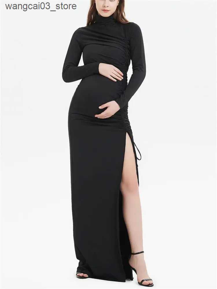 Maternity Dresses Maternity Women Drawstring Side Slit Long Dresses Baby Shower Photoshoot Dress Pregnant Women Clothes L240910