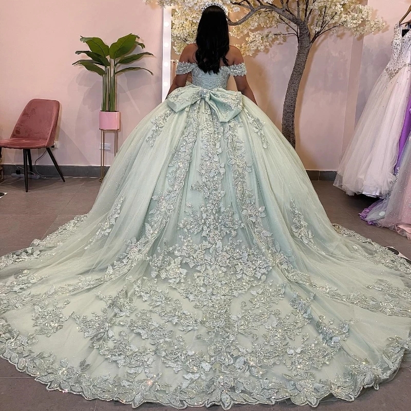 Sage Green Quinceanera Dresses Formal Luxury Party Beading Lace Appliques Sweet 16 Dress Graduation Ball Gwon Vestido De 15 Anos