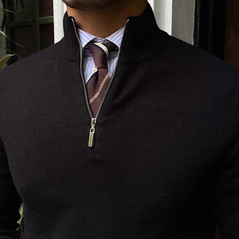 Classic mens knitted jumper top solid color long sleeved zipper collar sweater autumn fashion knitted floral mens sweater 241007