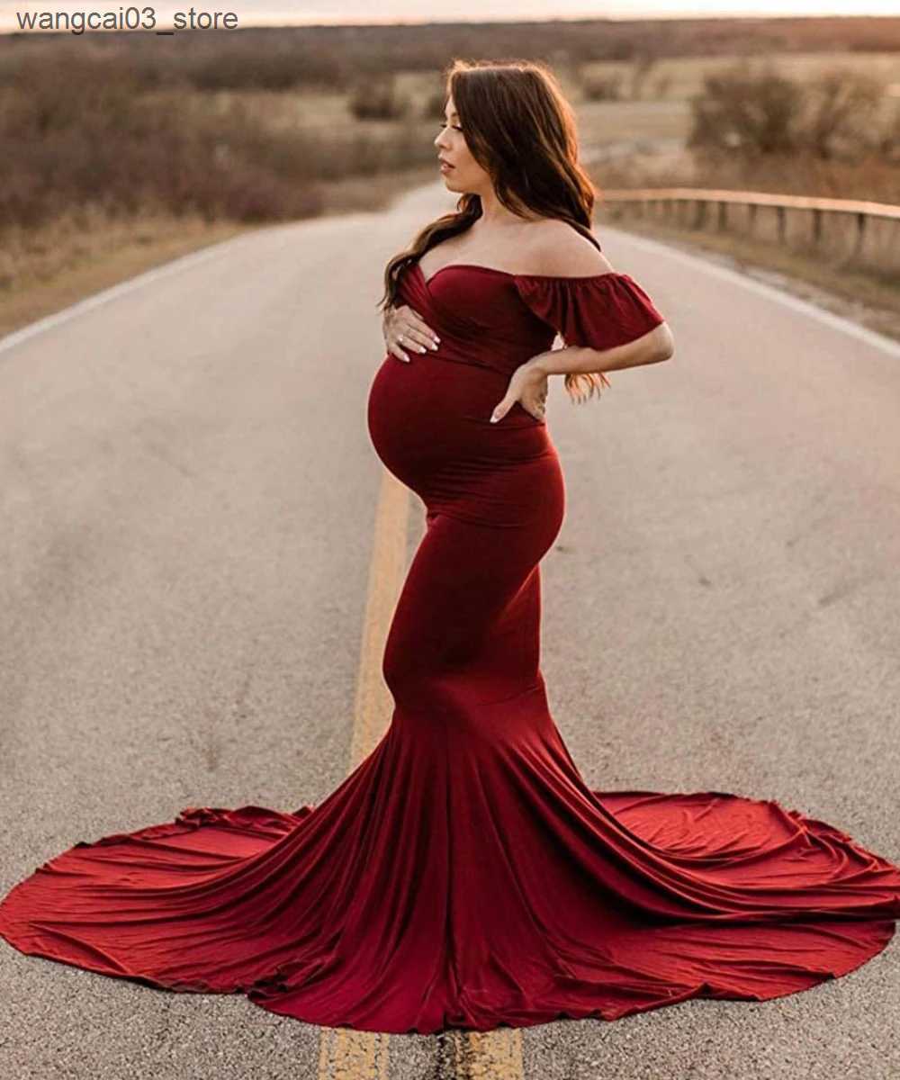 Maternity Dresses Maternity Dress Mercerized Cotton Maternity Ruffled Sleeves Crossover V-neck Trailing Dress Photography Dress L240910