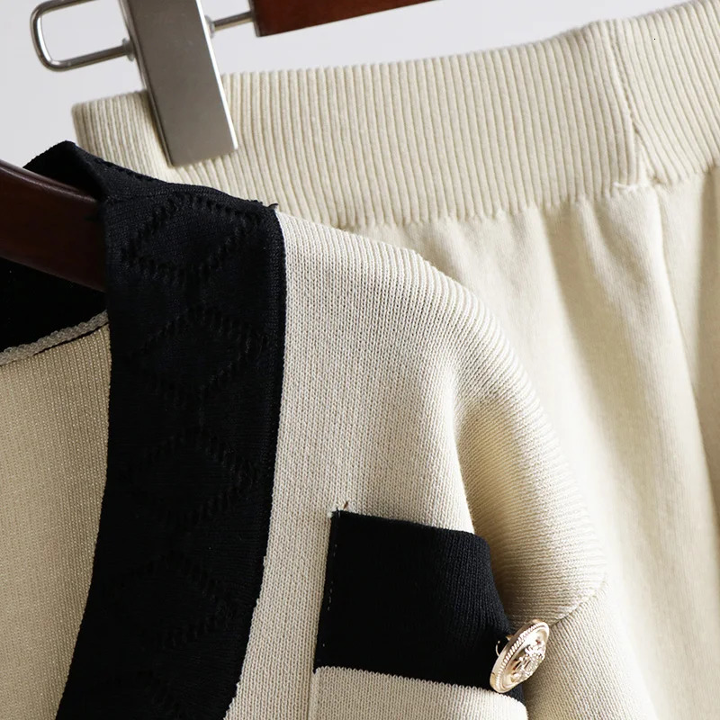 Casual womens twopiece spring autumn almond black Vneck solid cardigan and high waisted pants set 241008