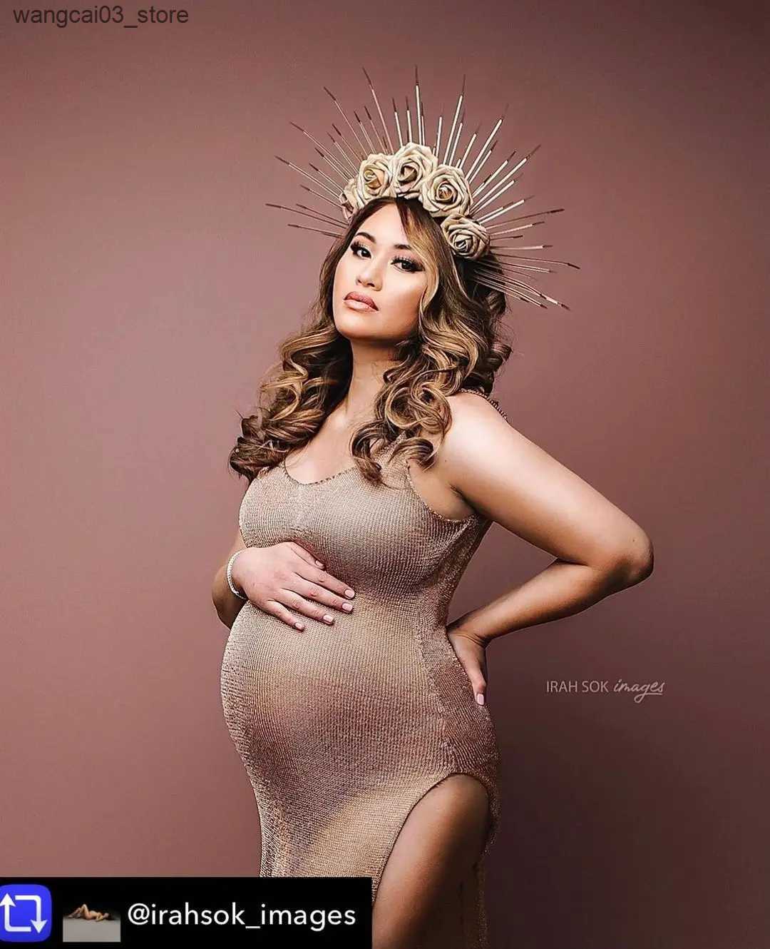 Maternity Dresses Maternity Dresses for Photo Shoot Pregnancy Dress Photography Shoot Gold Knitted Robe Clothing Props L240910