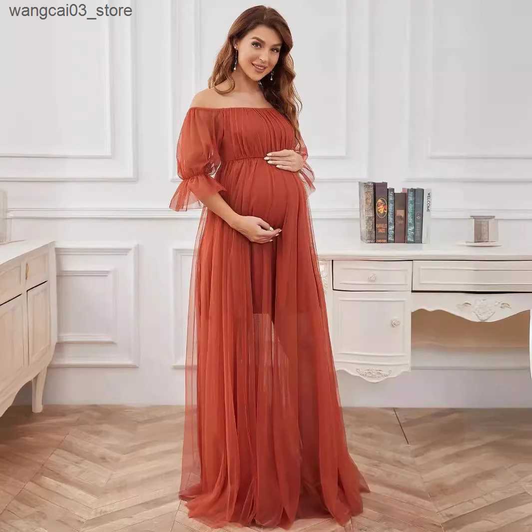 Maternity Dresses Summer New Evening Dress for Pregnant Women Formal Long Dress Short Sleeve Off Shoulder Mesh Solid Pregnant Women Baby Shower L24091