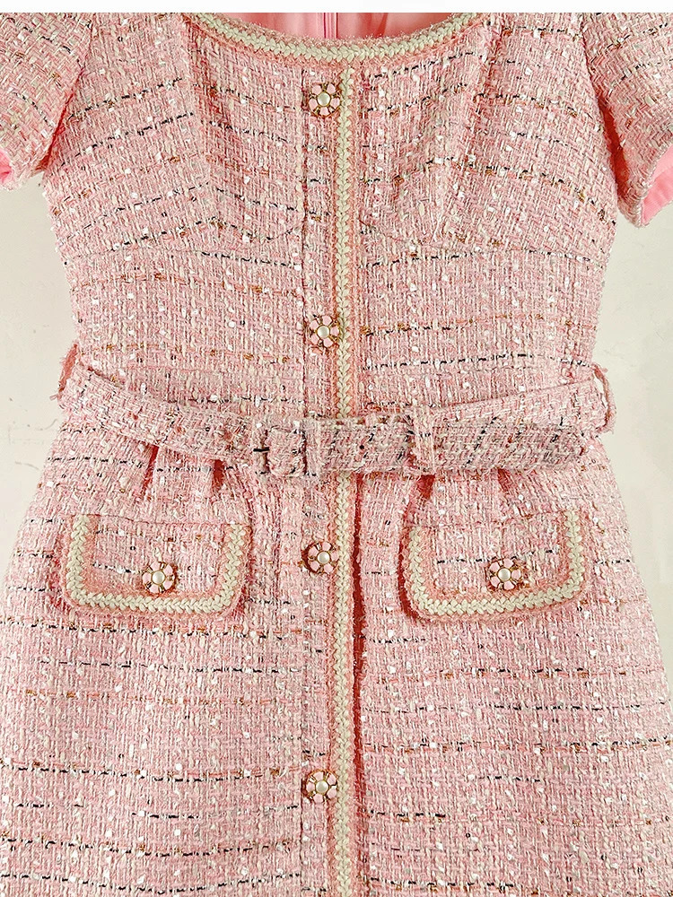 French little perfume tweed dress autumn womens short sleeved celebrity button plain wool belt short vest 241010
