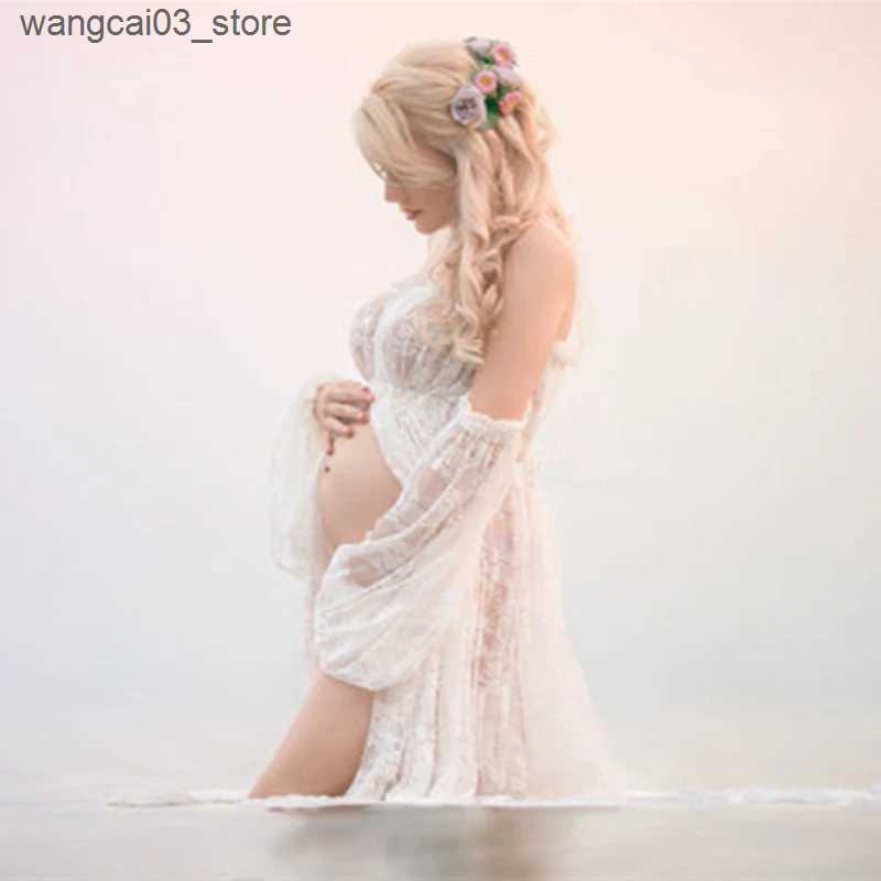Maternity Dresses Maternity Photography Maxi Dresses Off Shoulder Mesh Lace Maternity Photoshoot Gown With Long Bell Sleeves Pregnancy Shooting L24091