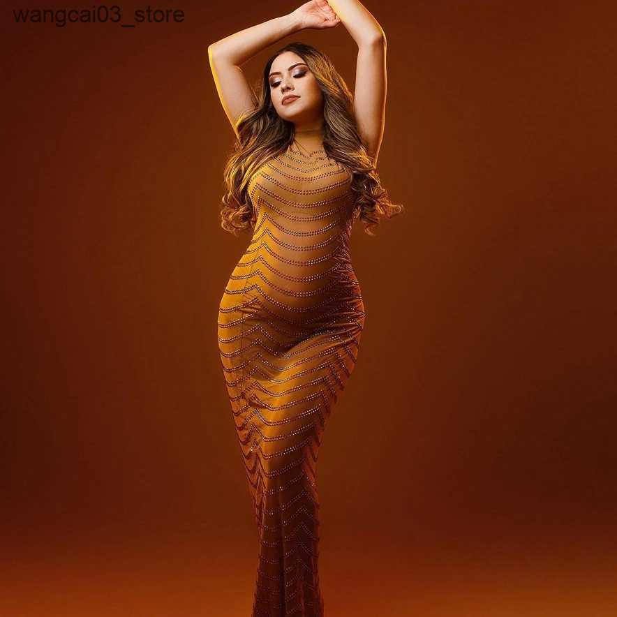 Maternity Dresses Halter Rhinestone Maternity Photography Dresses Crystal Stretchy Skinny Sleeveless Maternity Photo Shoot Long Dress L240910 L0910