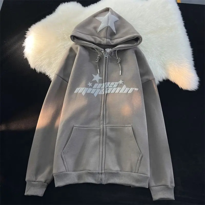 Womens Y2K Star Printed Hoodie Street Hip Hop Zipper Sweatshirt Couple Loose Cashmere Cardigan Unisex Hoodie Jacket Womens 241011