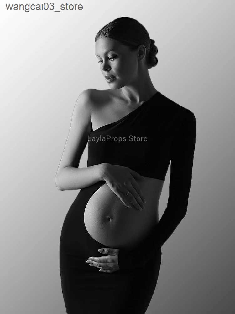 Maternity Dresses Sexy Off-shoulder Maternity Dress with Wrap Front and Hollow Out Design - Irregular Hemline and Solid Color Long Sleeves L240910
