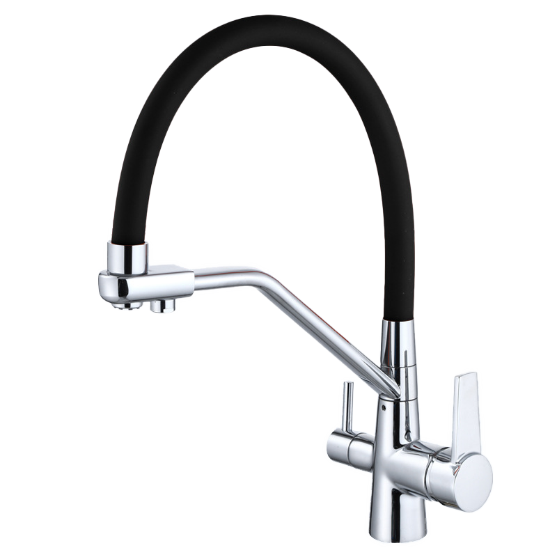 Kitchen faucet brass faucet hot and cold water faucet pure water faucet any retractable double handle faucet black tube