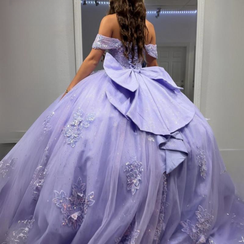 Lavender Shiny Quinceanera Dresses Ball Gown Off The Shoulder Lace Applique Beads Tull Sweet 16 Dress Mexican Birthday Vestidos De 15 Anos