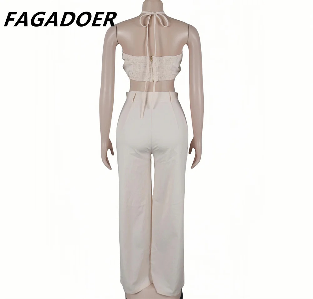 FAGADOER sexy solid hole wide leg pants streetwear womens sleeveless backless crop top and twopiece set 241008