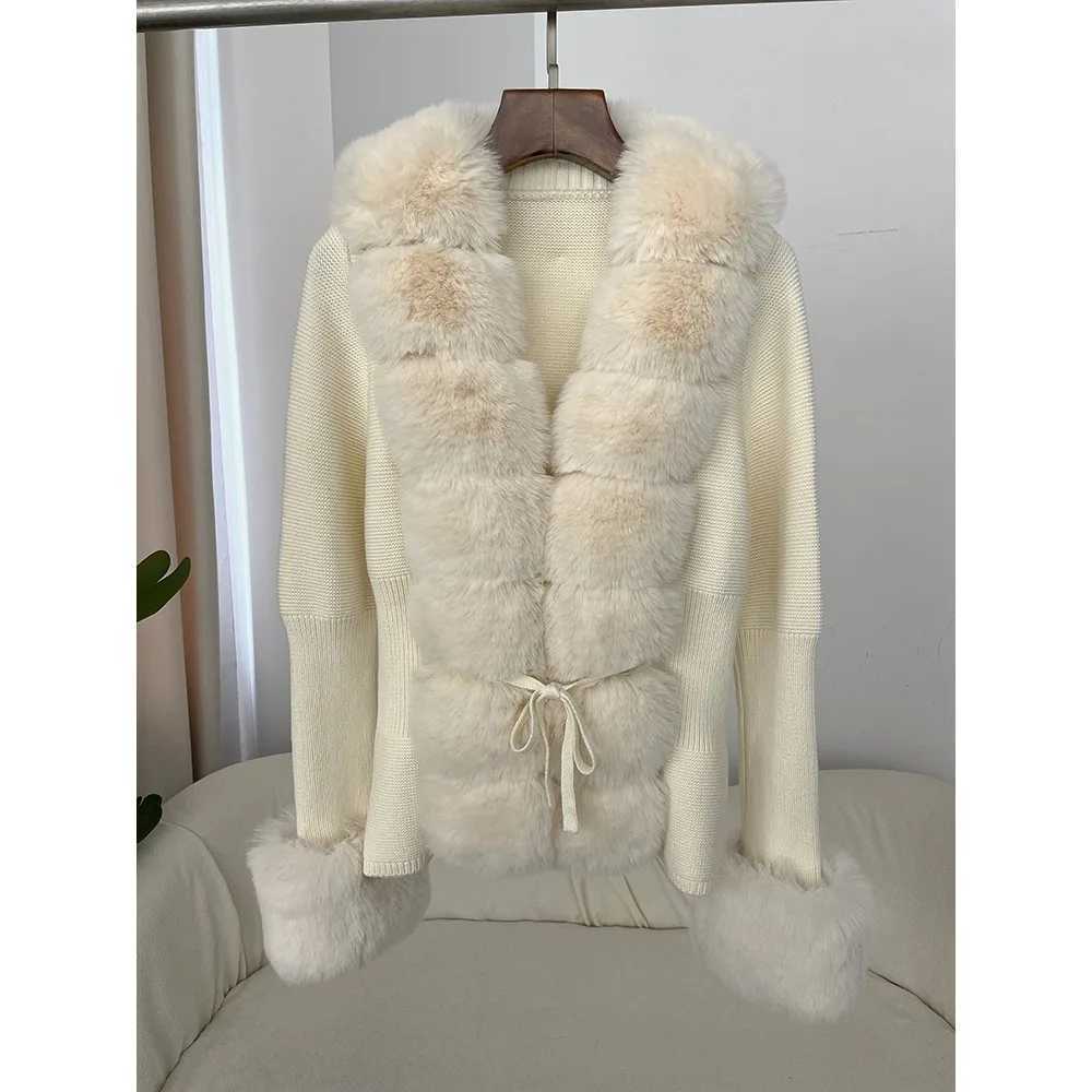 Artificial fur coat luxury patch work knit sweater bandage fur cardigan detachable collar jacket autumn and winter womens artificial fur coat Y241011