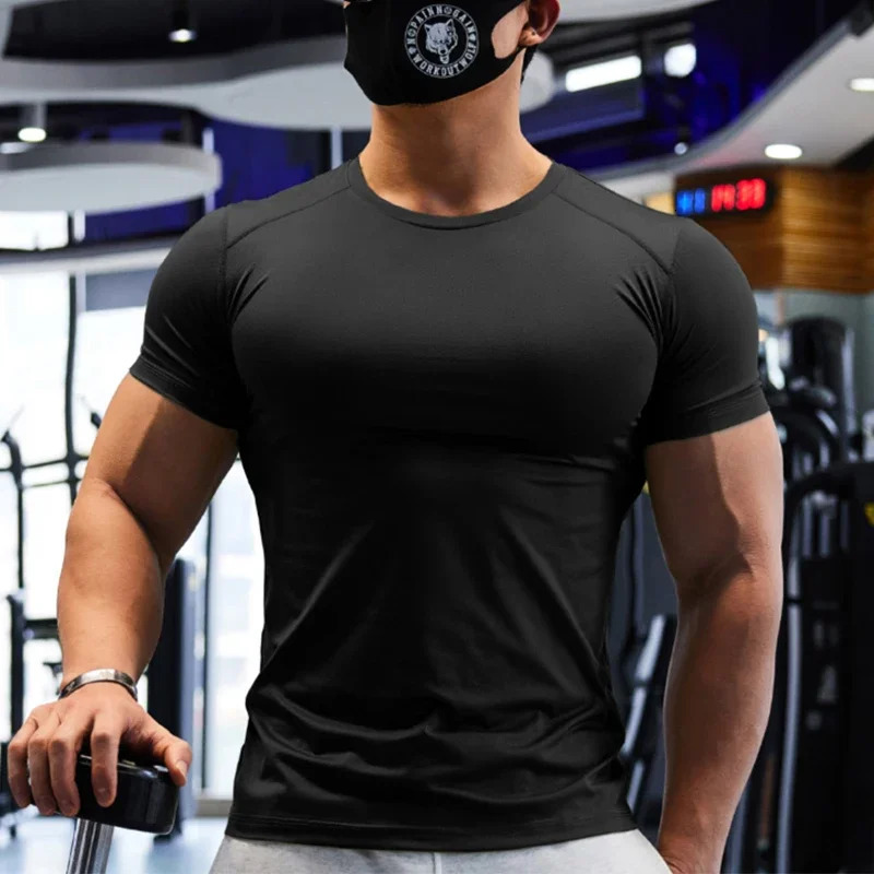 Gym Tshirt mens plus size dry fit sports top solid color muscle training activity clothes yoga 241011