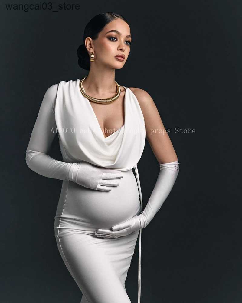Maternity Dresses Maternity Dresses Petite Chic Milk Silk One-shoulder Bodycon Dress with Elegant Long Gloves - Photography Maternity Dress L240910