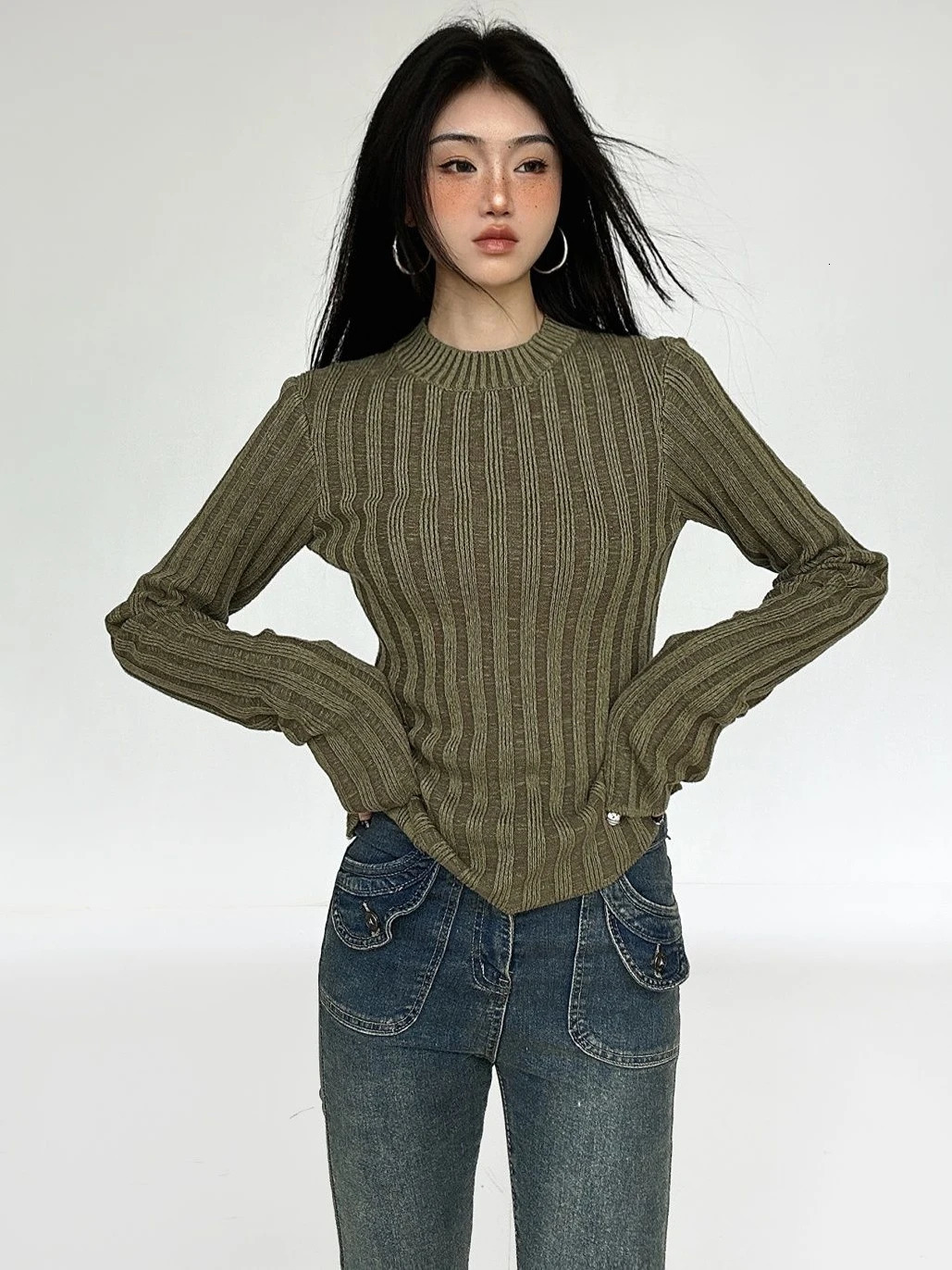 Deeptown Vintage Green Crop Sweater Women Fairy Grunge Striped Pullover Casual Slim Knitted Jumper Harajuku Fashion Sueter Mujer 241011