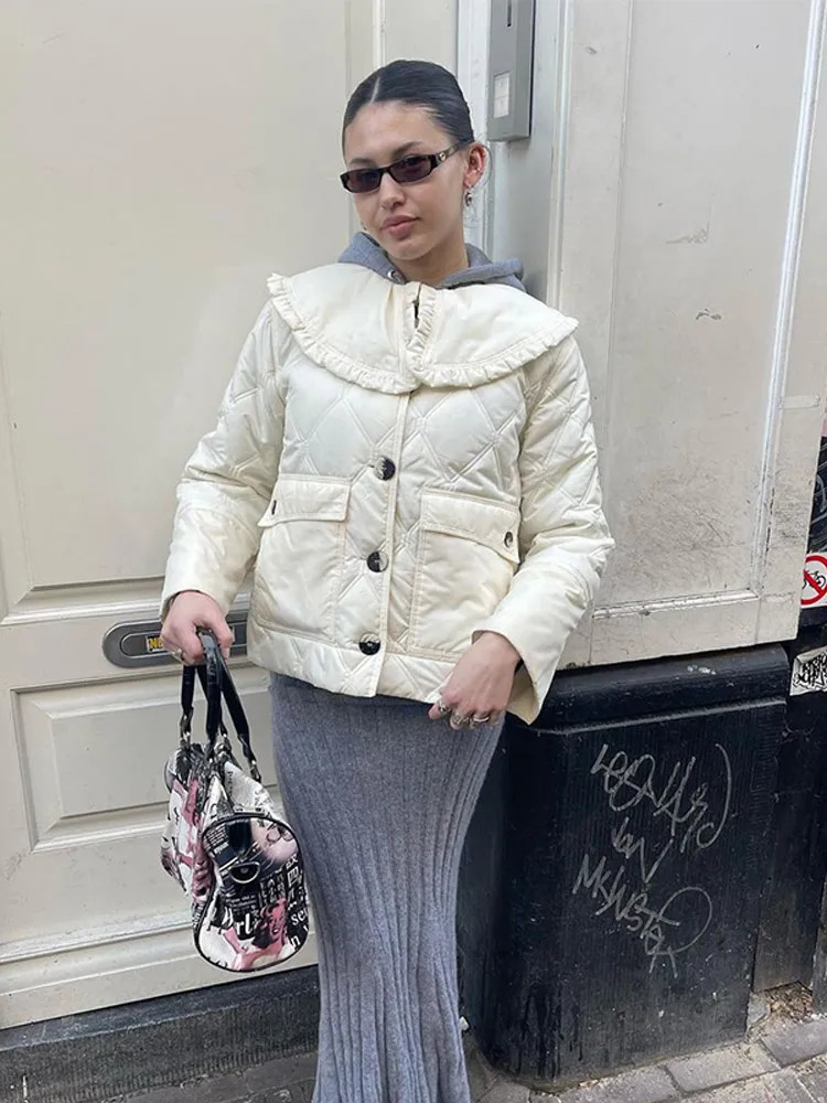 Women Elegant White Ruffled Lapel Cotton Coat Fashion Single Breasted Long Sleeve Warm Jacket Autumnwinter Lady Short Coats 240930