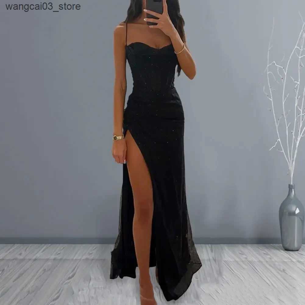 Maternity Dresses Women Polyester Maxi Dress Elegant Sequin Spaghetti Strap Evening Dress with High Split Off Shoulder Design Womens for Formal L24091