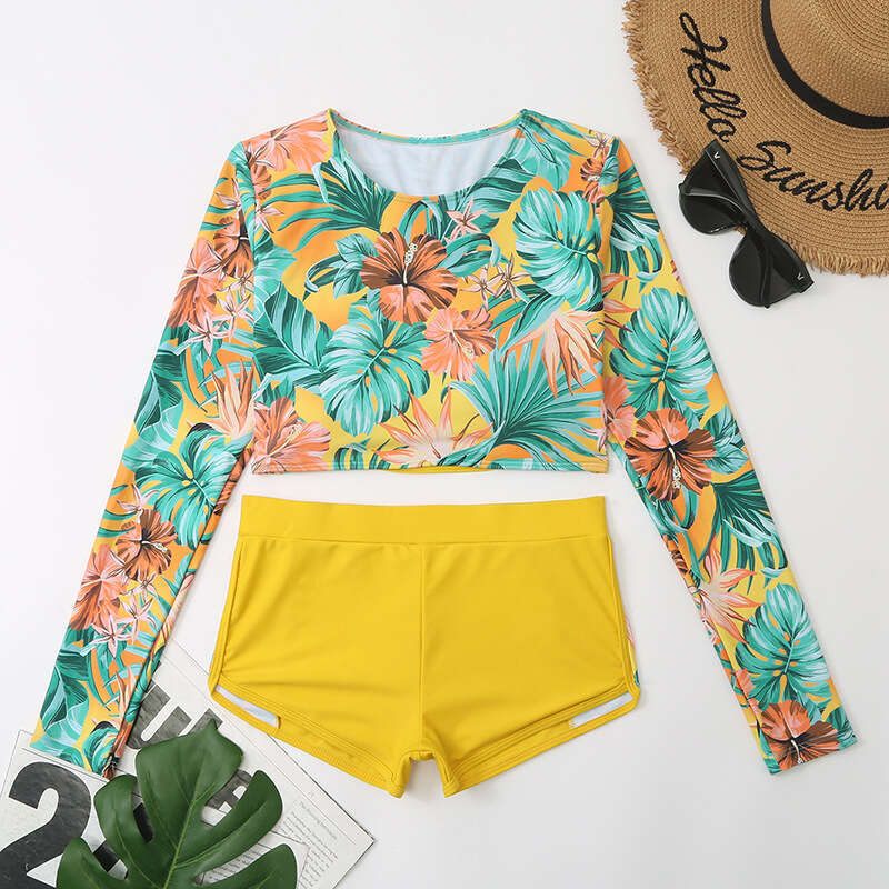 2024 Sexy Printed Long Sleeve Sunscreen Split Women's Sports Beach Bikini Swimsuit