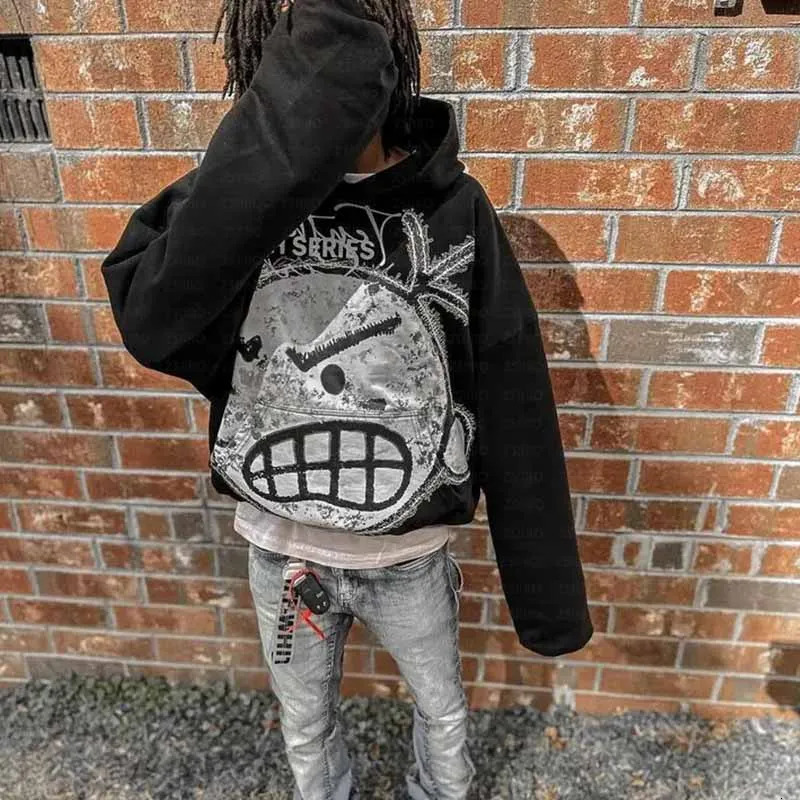 Streetwear Hoodie Y2k Hip Hop Retro Patch Black Oversized Sweatshirt Mens Harajuku Gothic Pullover Clothes 241009