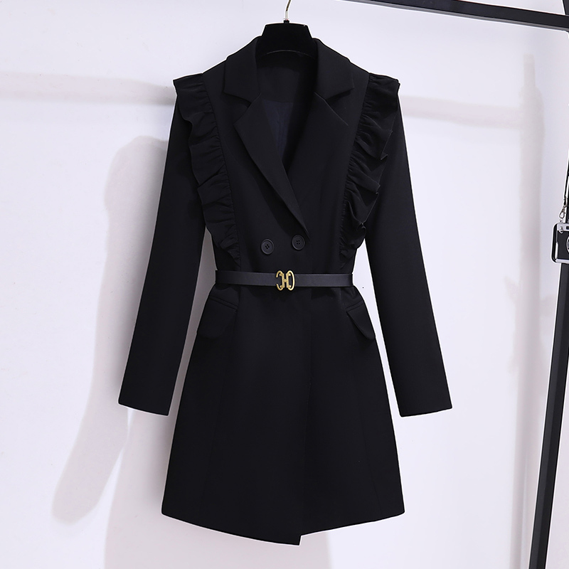 EVNISI Elegant Windbreaker Double Breasted Slim OL Long Trench Coat Ruffles With Belt Women Autumn Winter