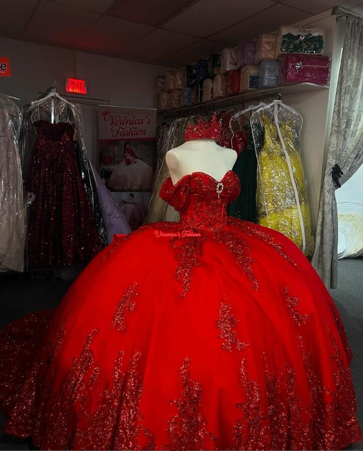 Sparkly Red Princess Quinceanera Dresses 2025 Off Shoulder Gillter Luxury Applique Bow Corset Lace-up vestido de 15 quinceanera
